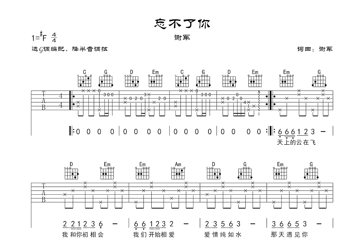 《忘了你忘了我》吉他简谱左手简单版 - C调初级吉他谱 - 吉他简谱