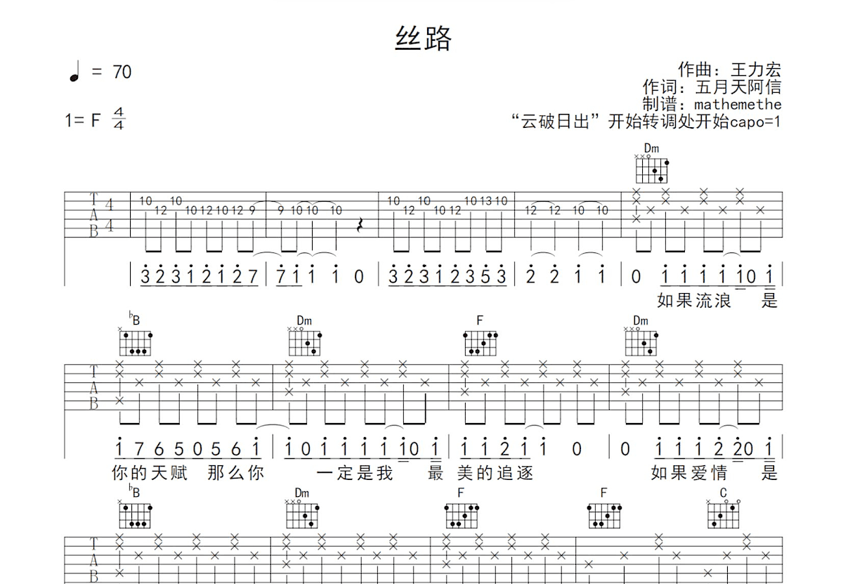 丝路的吉他谱,原版歌曲,简单弹唱教学,六线谱指弹简谱1张图 - 吉他谱 - 中国曲谱网