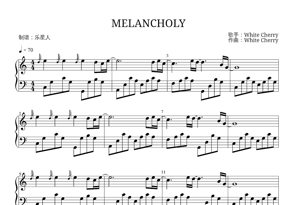 MELANCHOLY钢琴谱_White Cherry_C调独奏 吉他世界