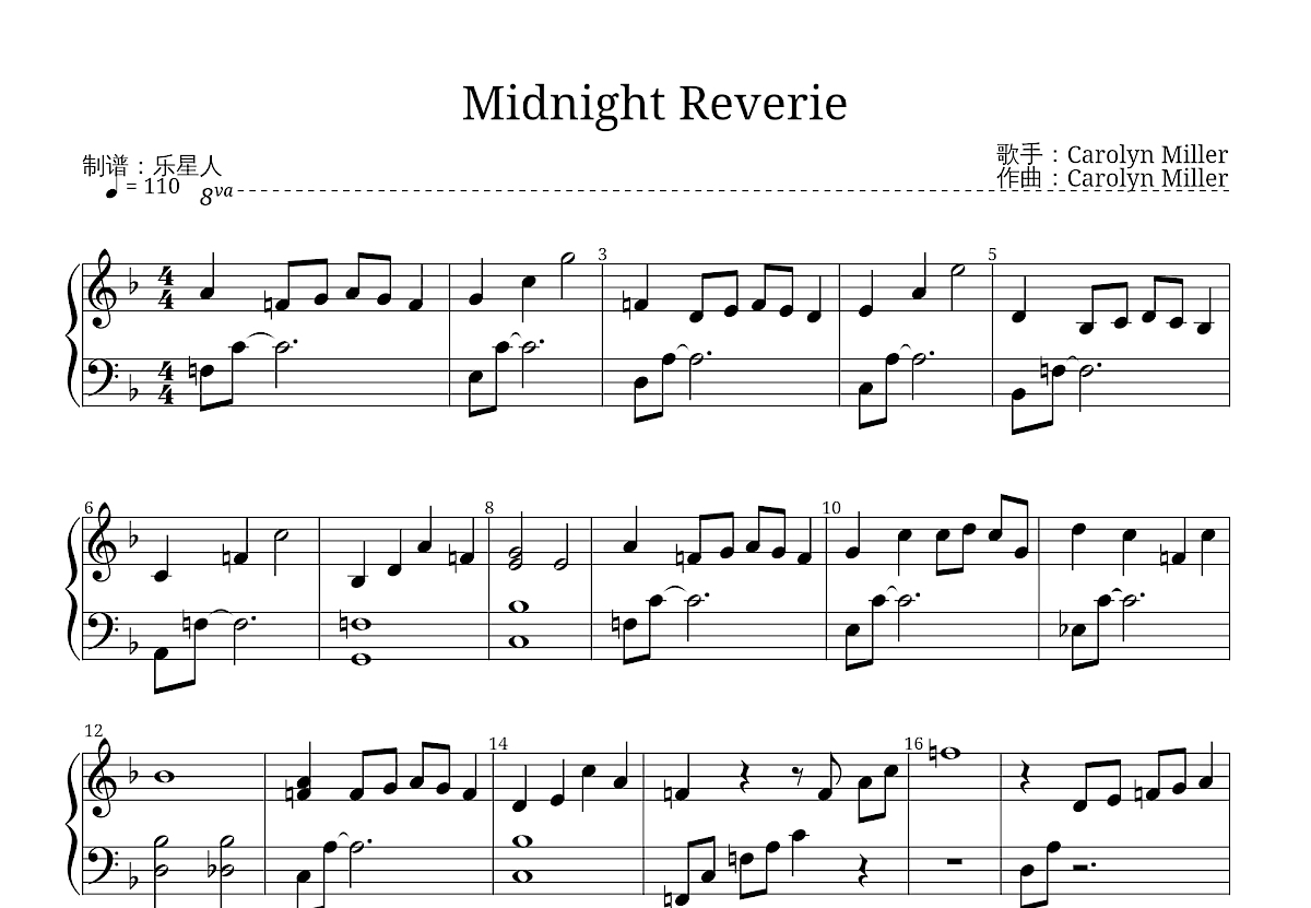 Midnight Reverie钢琴谱_Carolyn Miller_F调独奏 - 吉他世界