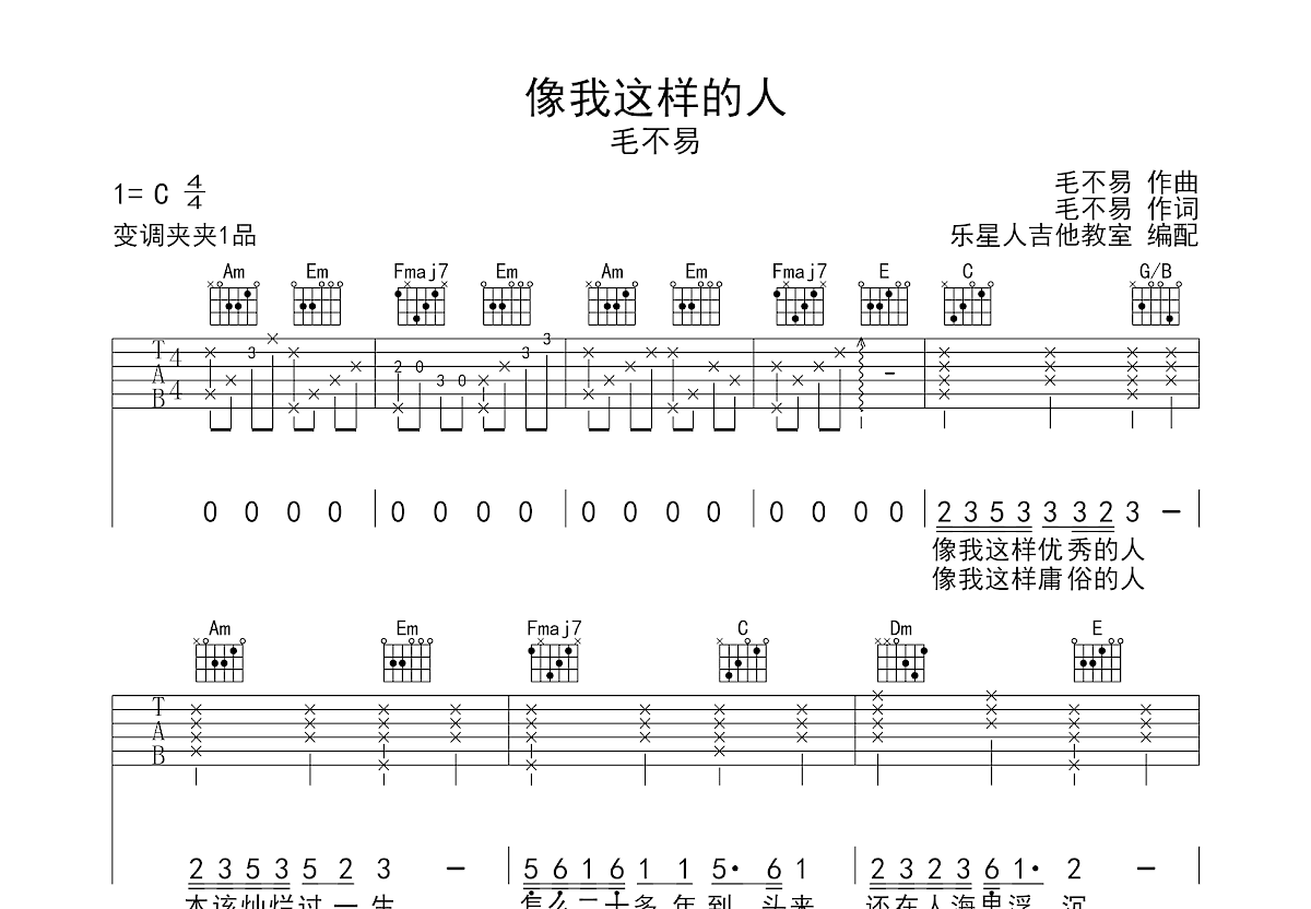 像我这样的人吉他谱 毛不易 进阶C♯/D♭大调民谣 弹唱谱-吉他谱中国