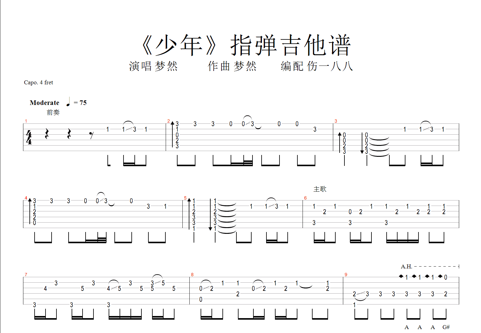 《少年吉他谱》_梦然_C调-梦然-吉他谱-歌谱简谱网