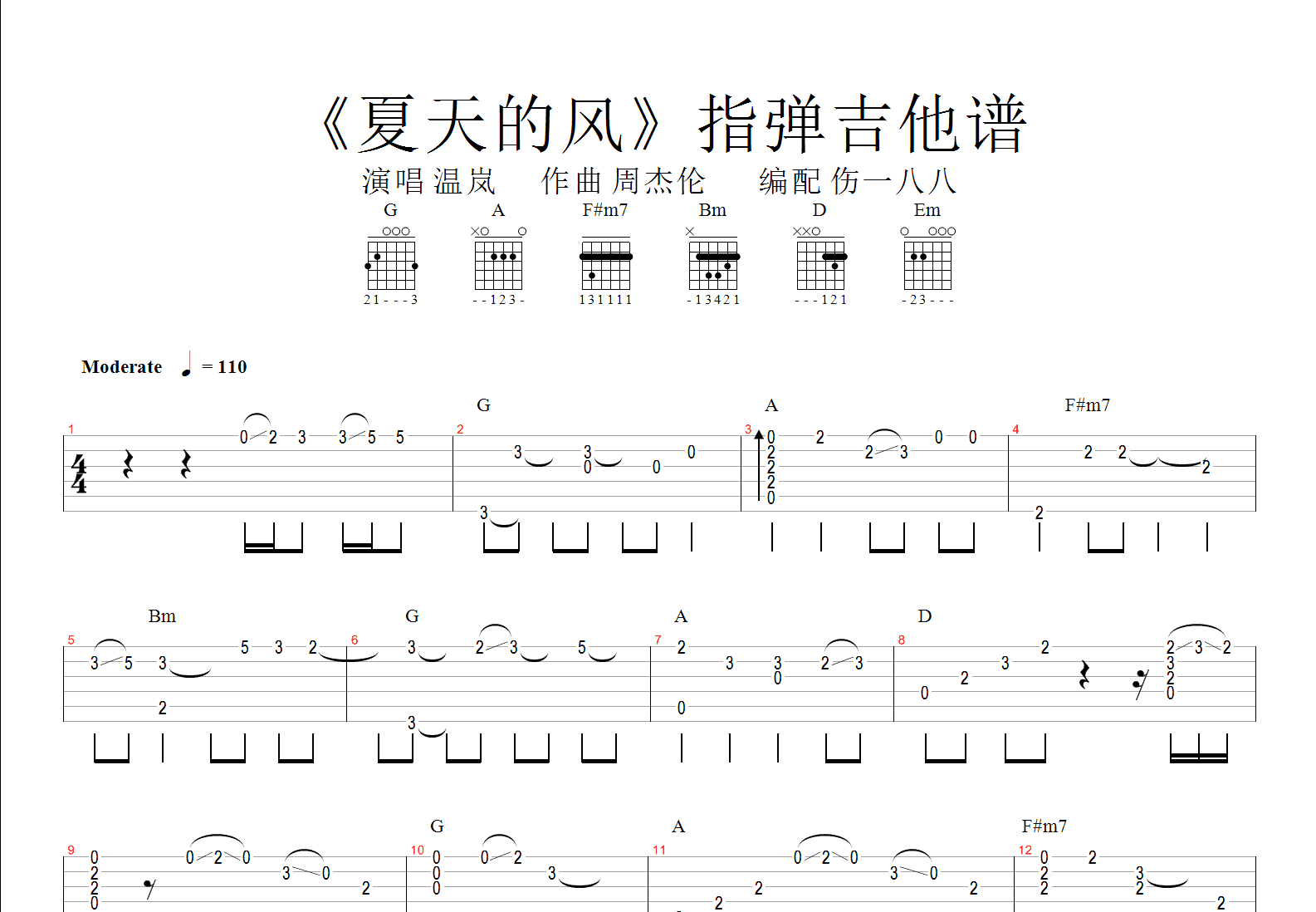 夏天的风吉他谱 夏岚 D调弹唱谱 附音频-吉他谱中国