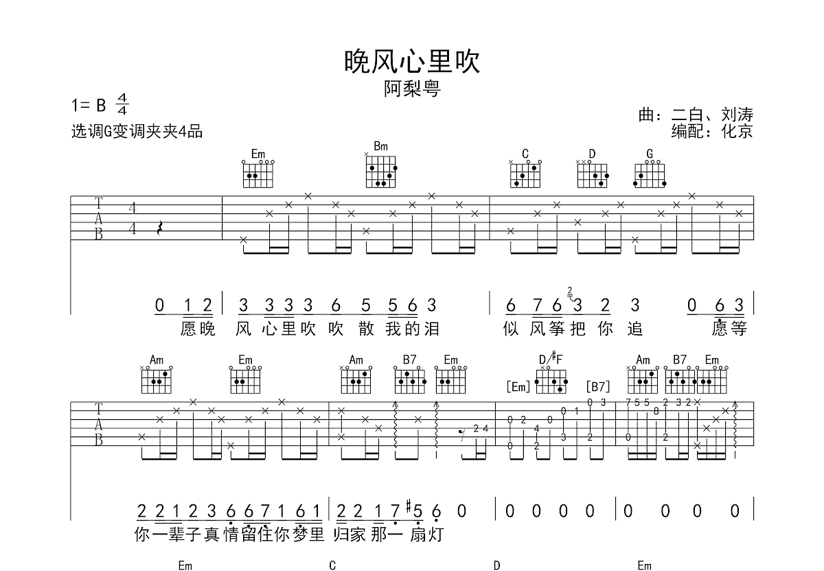 晚风心里吹吉他谱_阿梨粤_g调弹唱59%原版 - 吉他世界