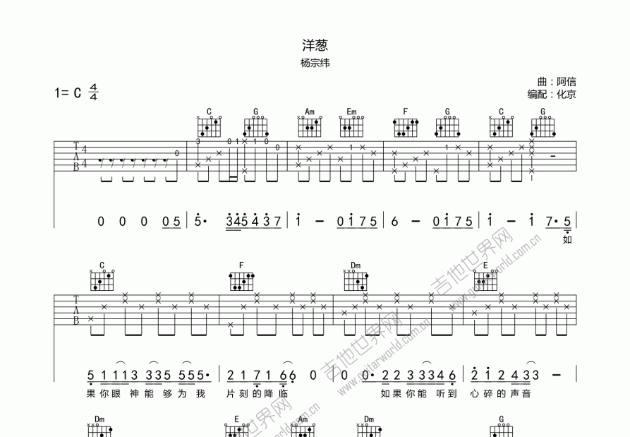 洋葱吉他谱_杨宗纬_c调弹唱 - 吉他世界