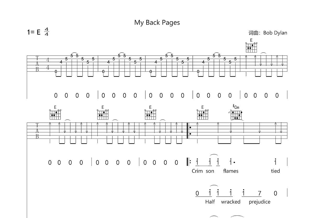 My Back Pages吉他谱_Bob Dylan,Roger McGuinn,Eric Clapton,Neil Young_E调弹唱82