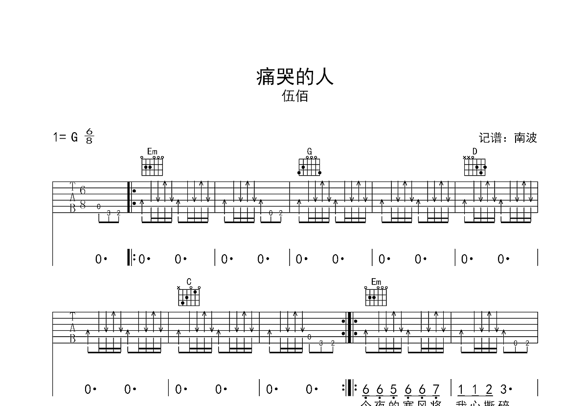 痛哭的人吉他谱(gtp谱,民谣考级,五级曲目)_伍佰&China Blue