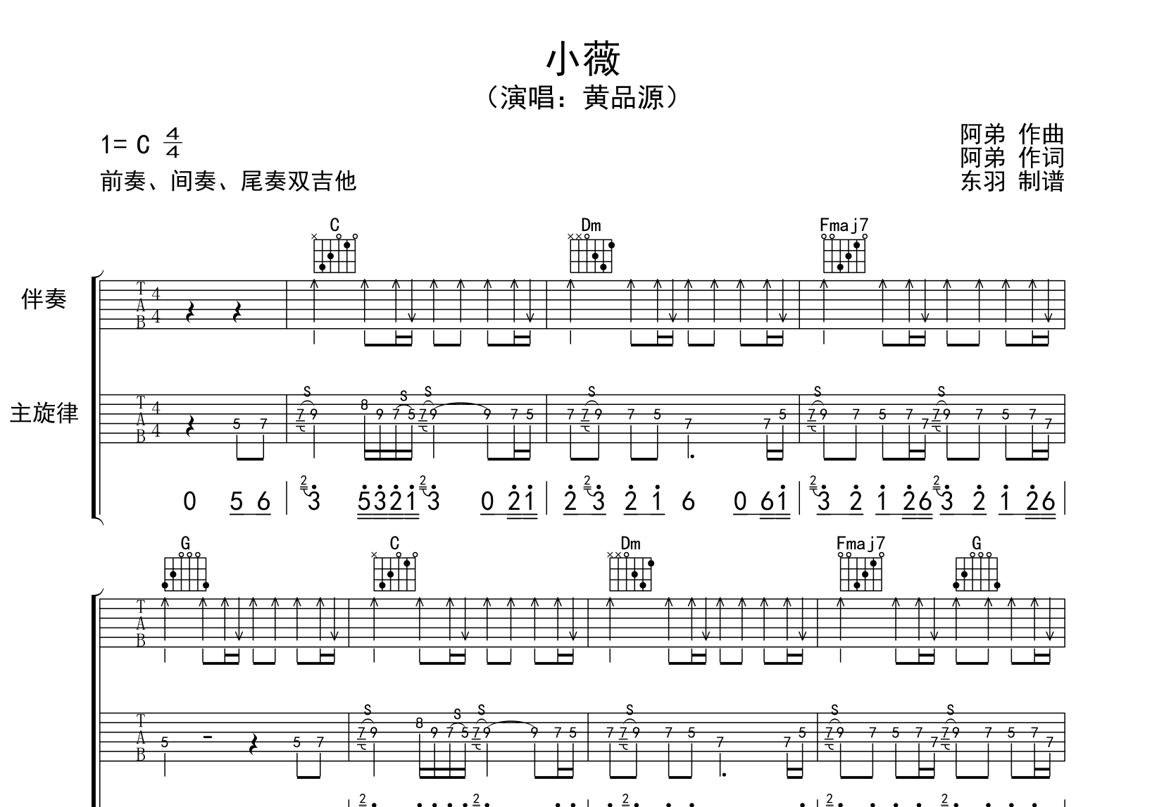 小薇吉他谱 - 黄品源 - C调吉他弹唱谱 - 琴谱网