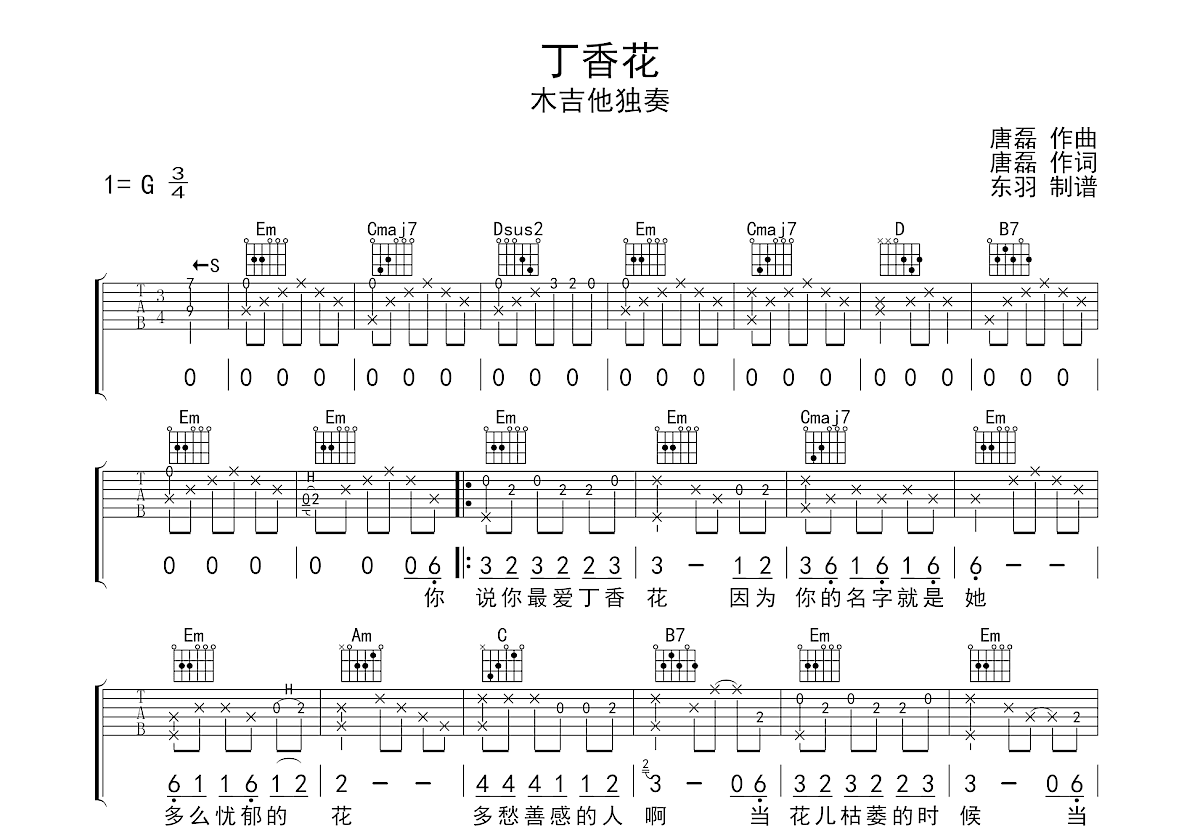 丁香花 - 唐磊 - 吉他谱(小叶歌编配) - 嗨吉他