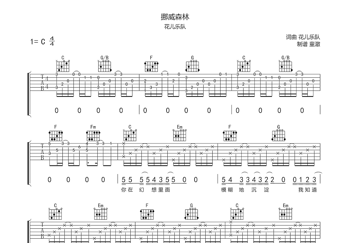 森林吉他谱-Mr.乐队-《森林》C调简单版弹唱谱-高清和弦图谱-看谱啦