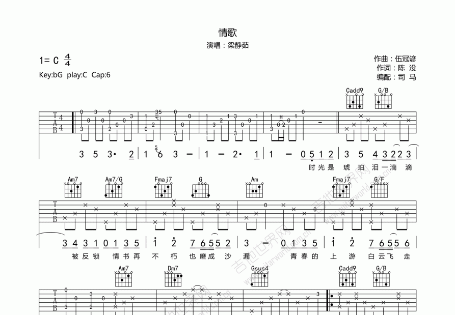 情歌吉他谱_梁静茹_c调弹唱吉他谱 吉他世界