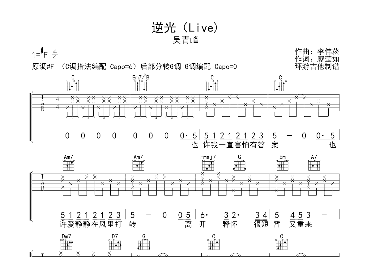 逆光吉他谱,原版孙燕姿歌曲,简单G调指弹曲谱,高清六线乐谱_ 吉他坊