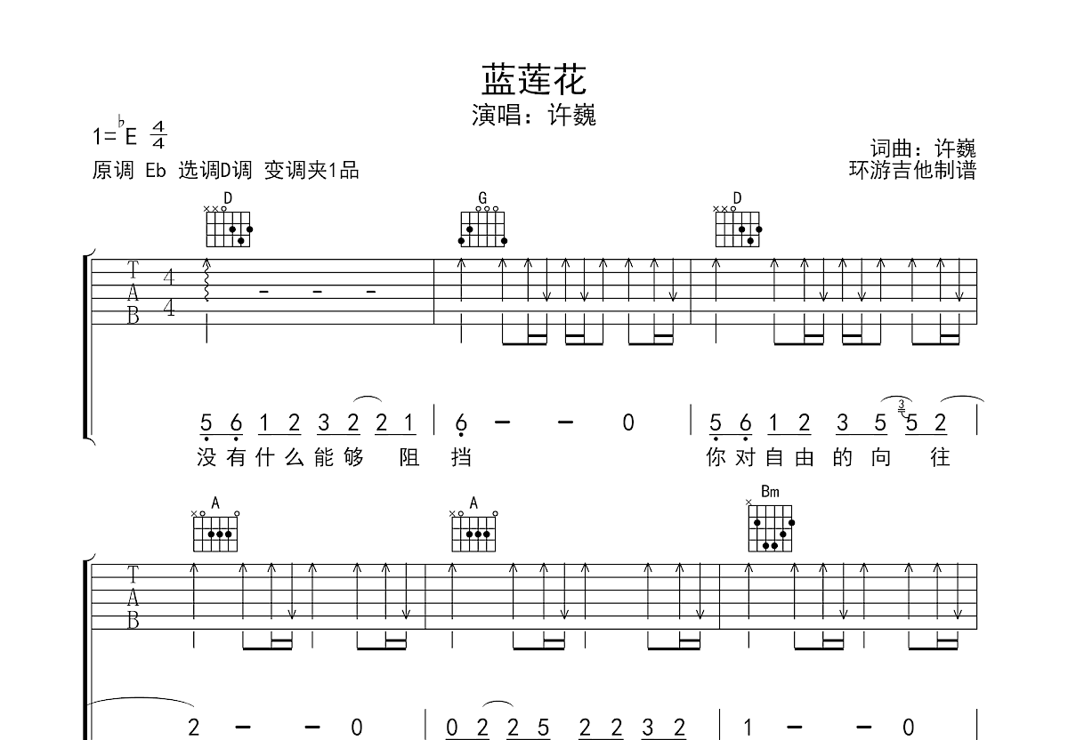 藍蓮花吉他譜_許巍_d調彈唱57%原版 - 吉他世界