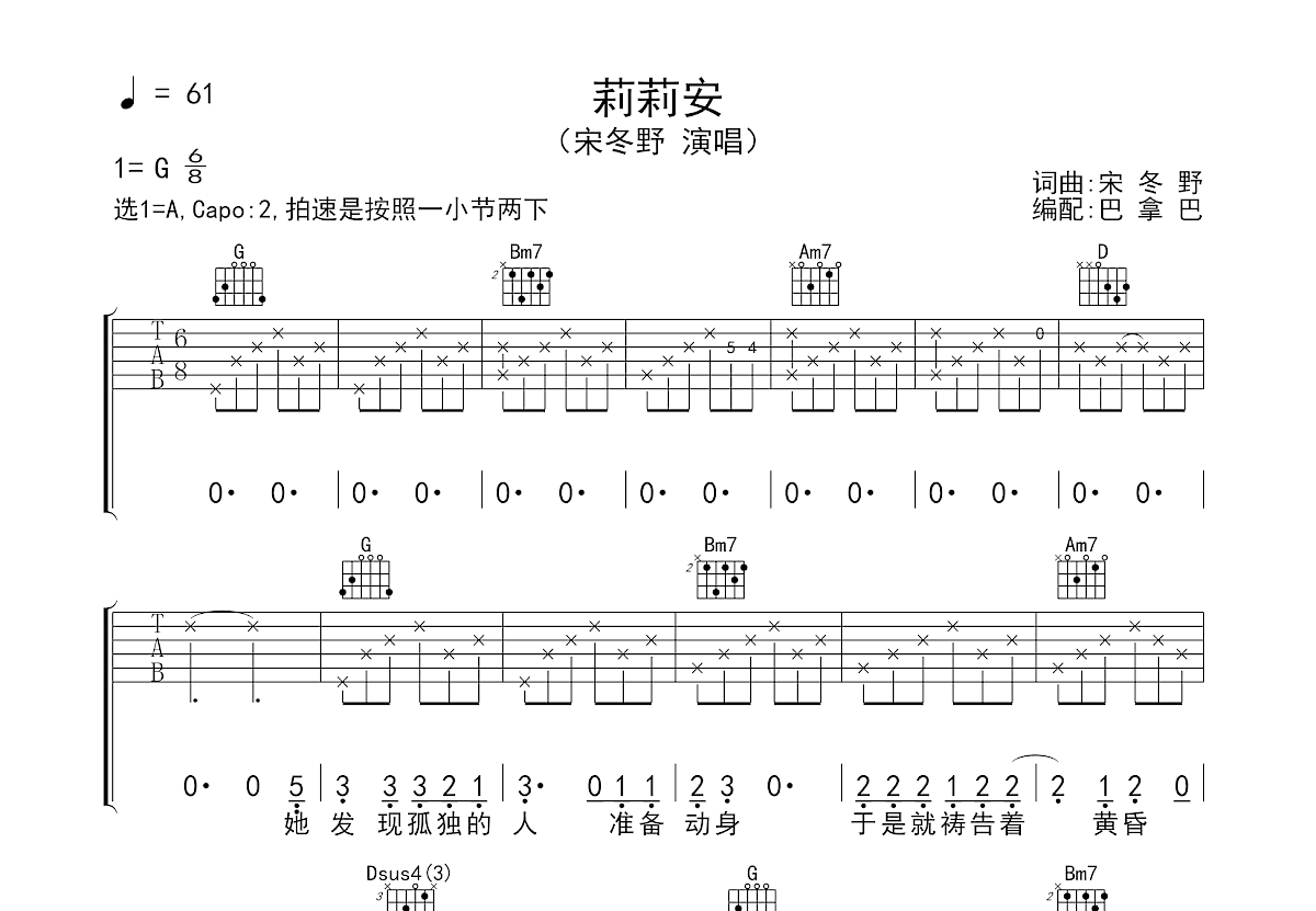 宋冬野莉莉安吉他谱图片