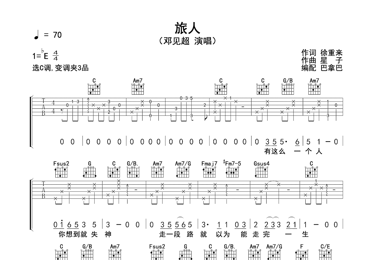 晚安 颜人中 C调简易吉他谱-虫虫吉他:www.ccguitar.cn