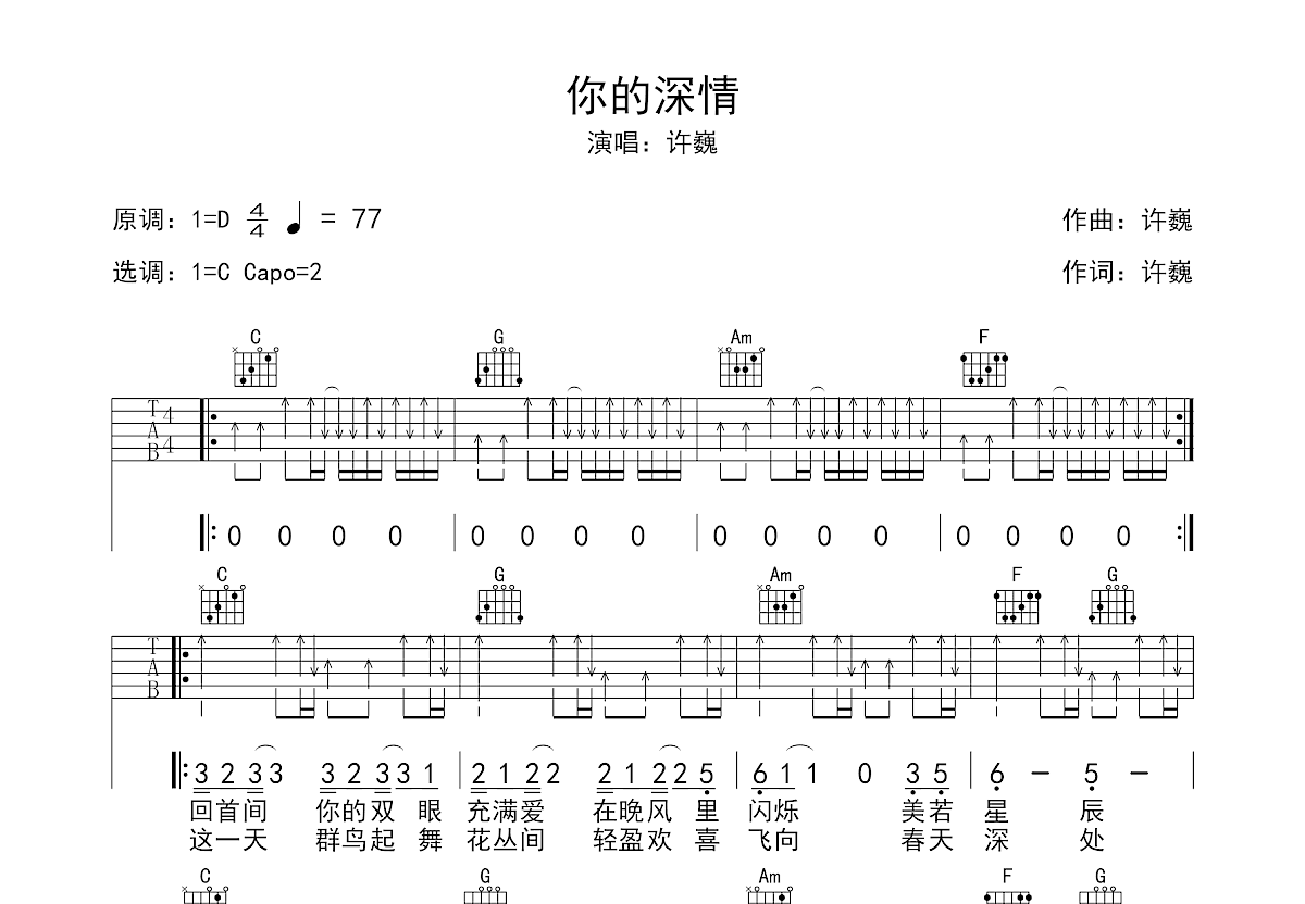 你的深情吉他谱_许巍_c调弹唱吉他谱49%原版 - 吉他世界