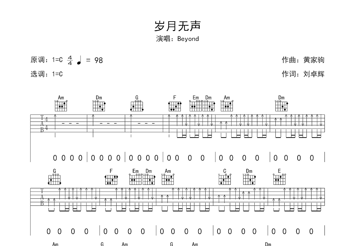 岁月无声吉他谱 BEYOND 进阶C大调摇滚 弹唱谱-吉他谱中国