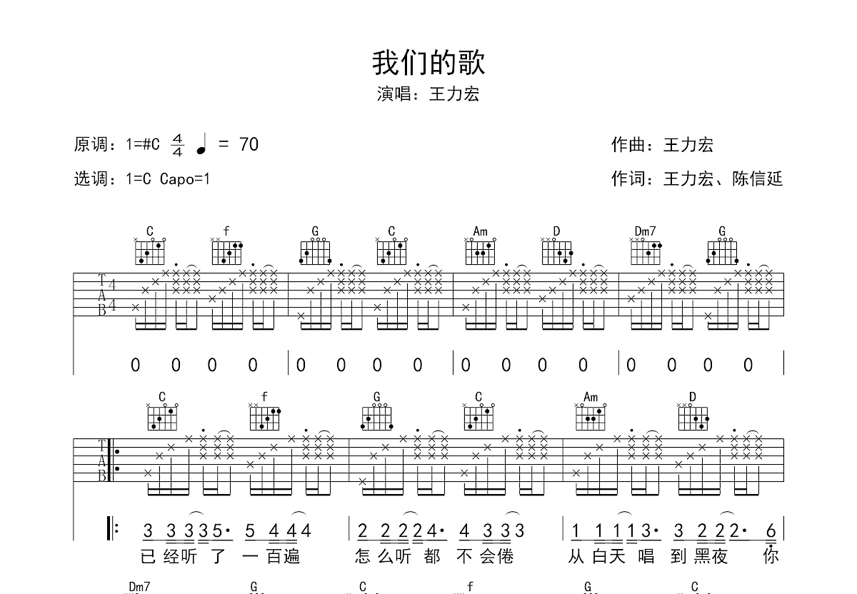 我们的歌（C调简单版） - 王力宏 - 吉他谱（含弹唱视频）(酷音小伟编配) - 嗨吉他