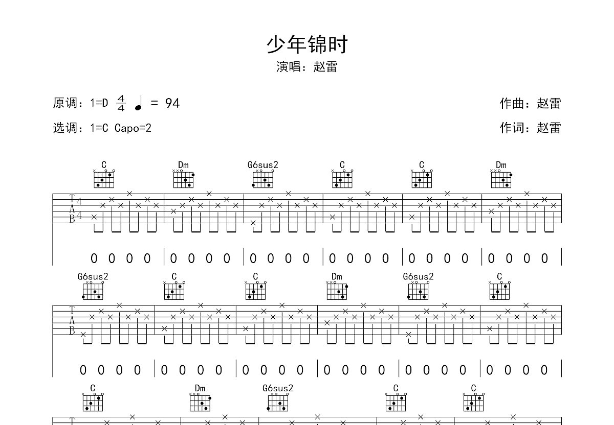 赵雷 - 少年锦时 [弹唱 D调 简单版] 吉他谱