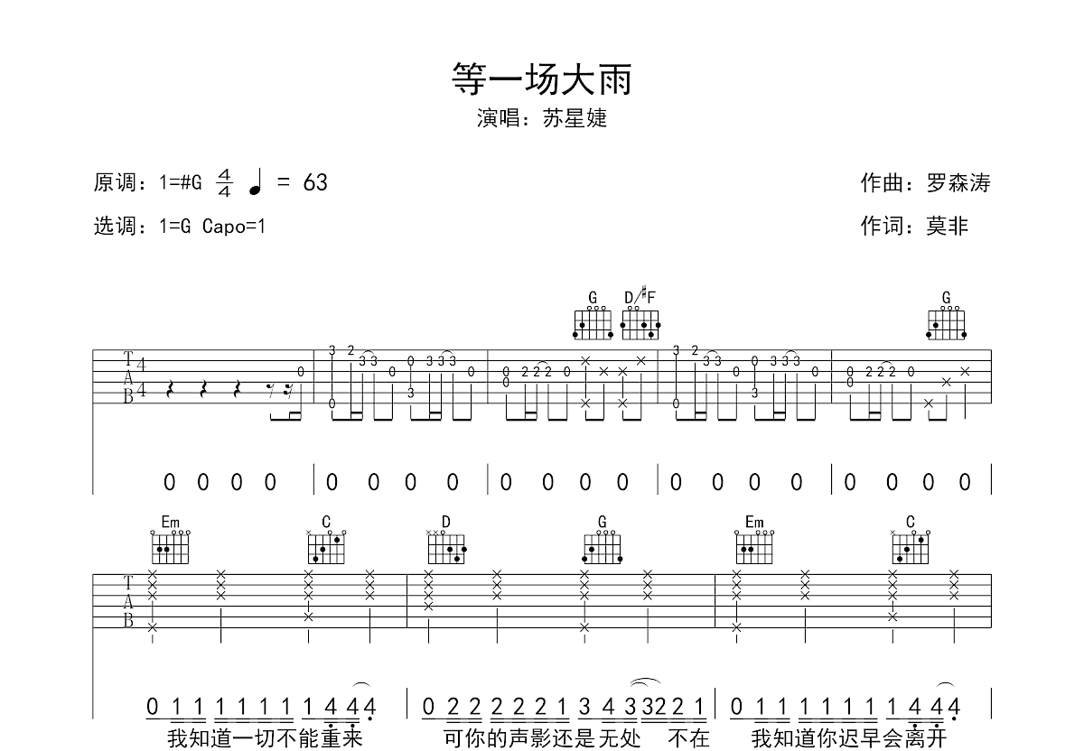 《2002年的第一场雪》最简单的C调版吉他谱子 - 刀郎和弦谱(弹唱谱) - 原调C调 - 国语版初级吉他谱 - 易谱库