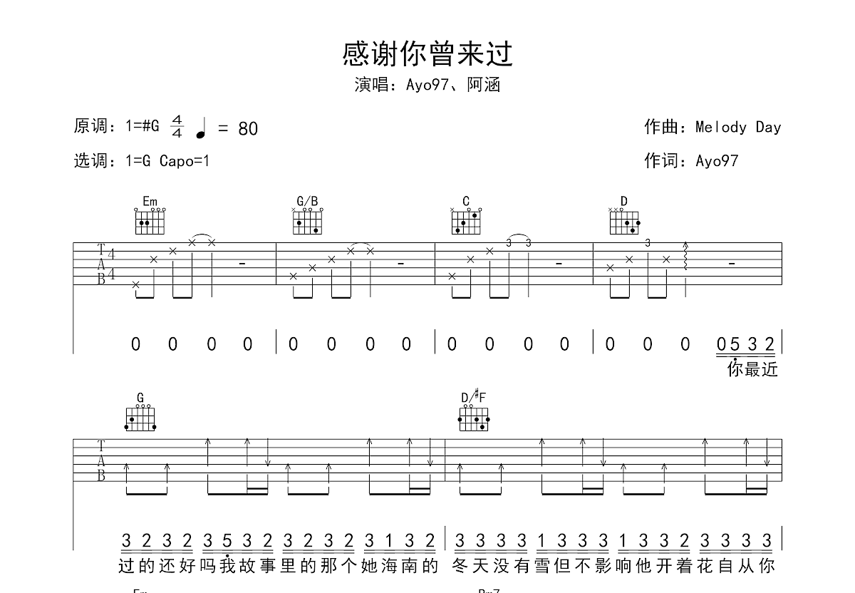 感谢你曾来过吉他谱