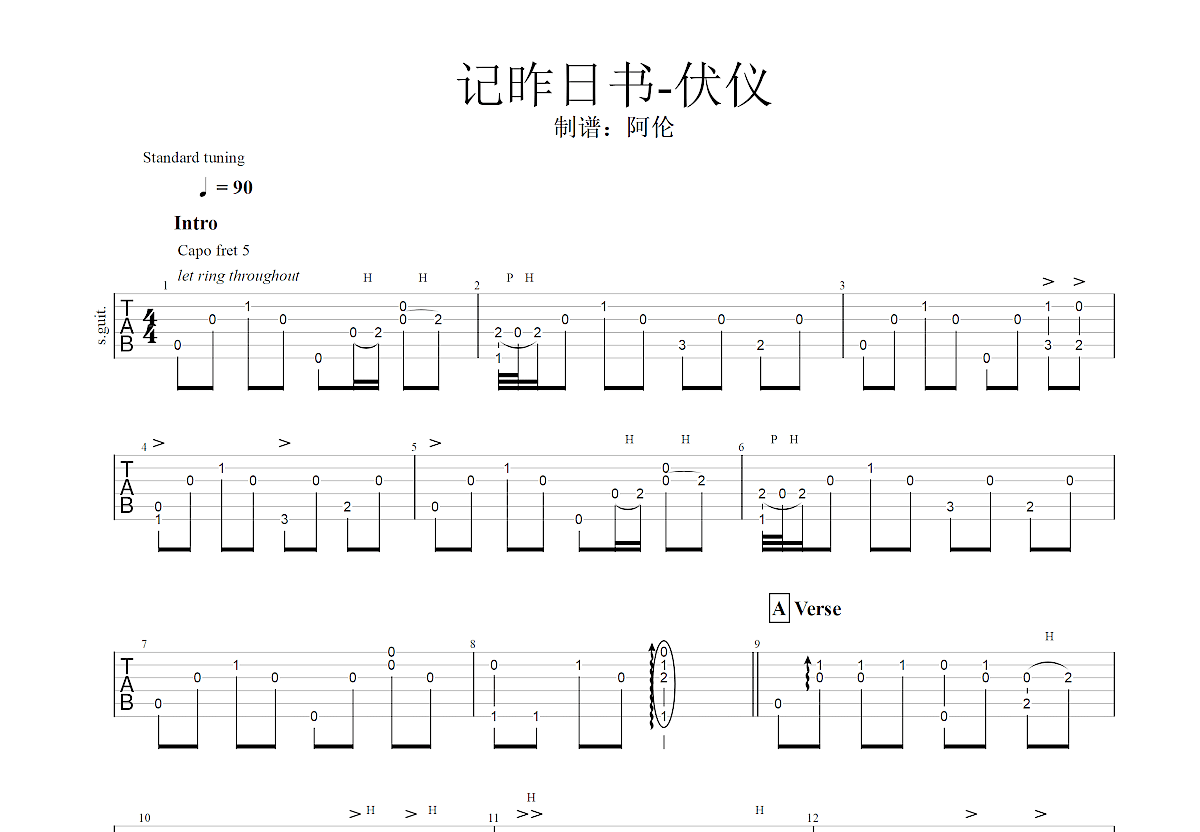 记昨日书吉他谱_伏仪_c调指弹 - 吉他世界