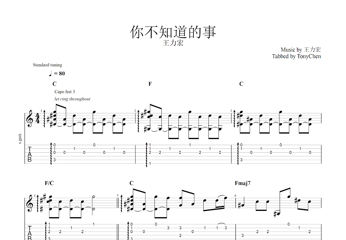 你不知道的事吉他谱(图片谱,C调,弹唱)_王力宏(Leehom Wang)