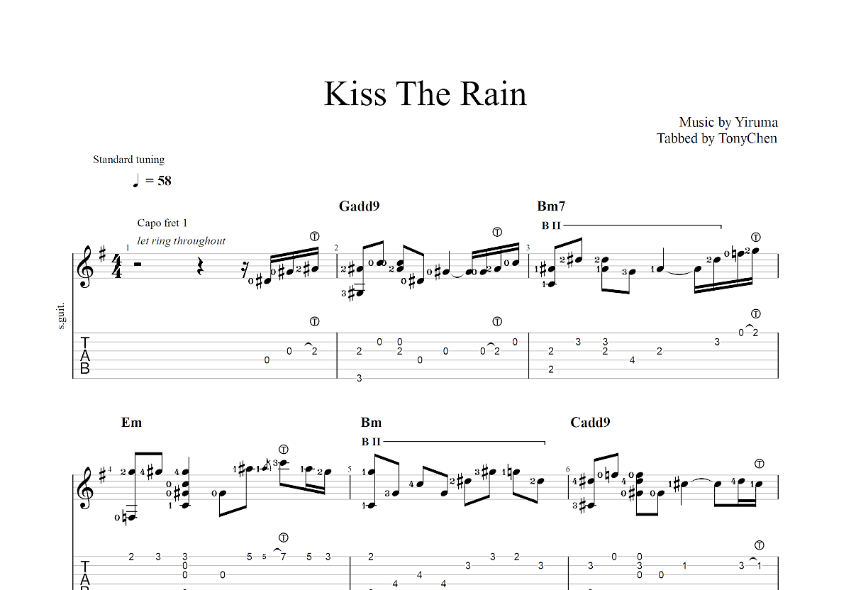 Kiss The Rain吉他谱-指弹谱-c调-虫虫吉他