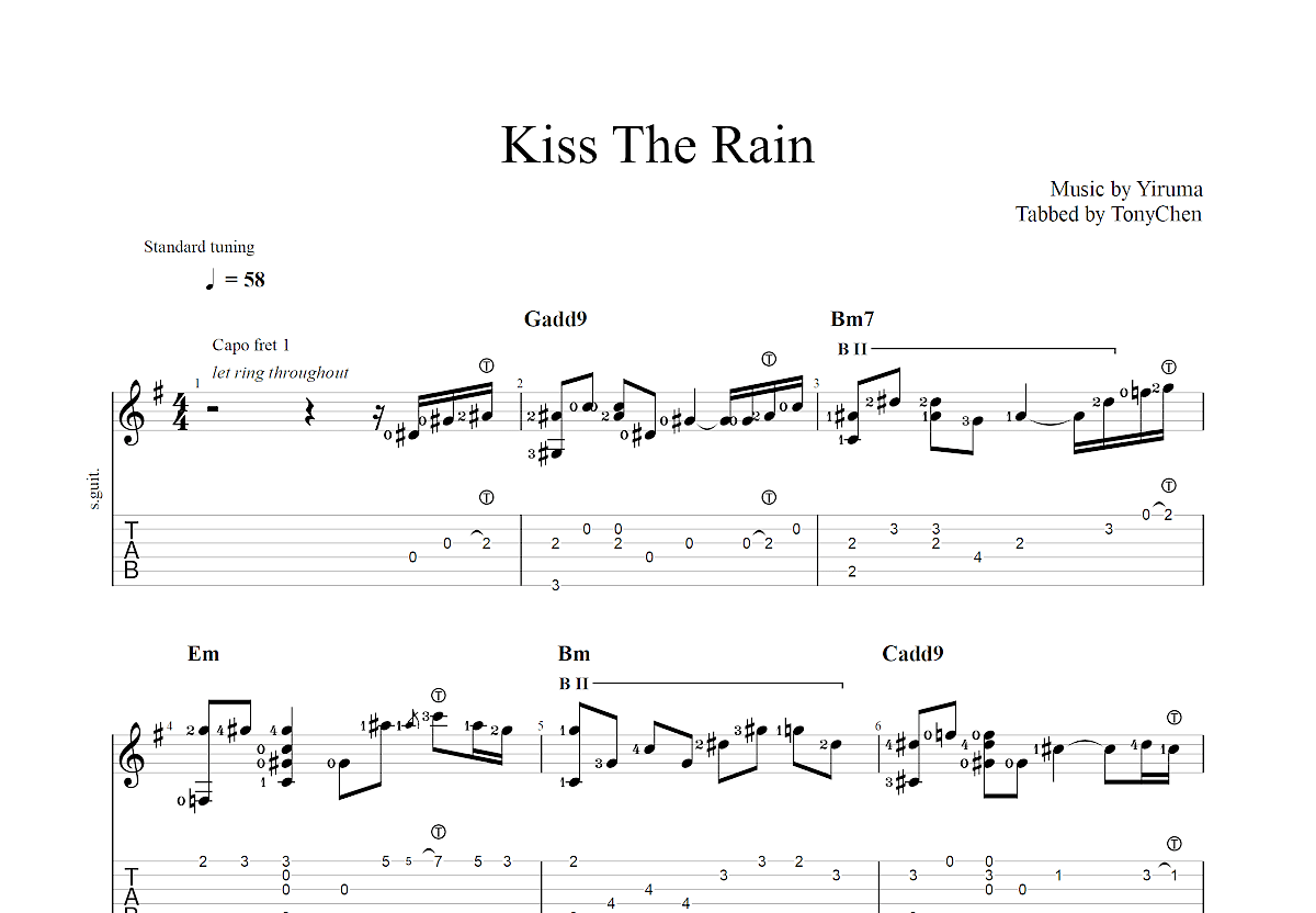 kiss the rain吉他谱_yiruma_g调指弹 - 吉他世界