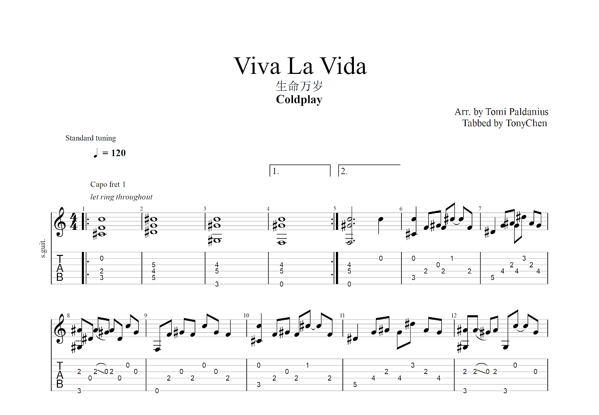 Viva La Vida吉他谱原版C调指弹 - Coldplay - 命运之歌 | 吉他湾