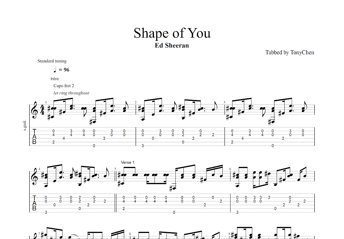 Shape of you吉他谱简单版·Ed Sheeran《Shape of you》六线谱_吉他163