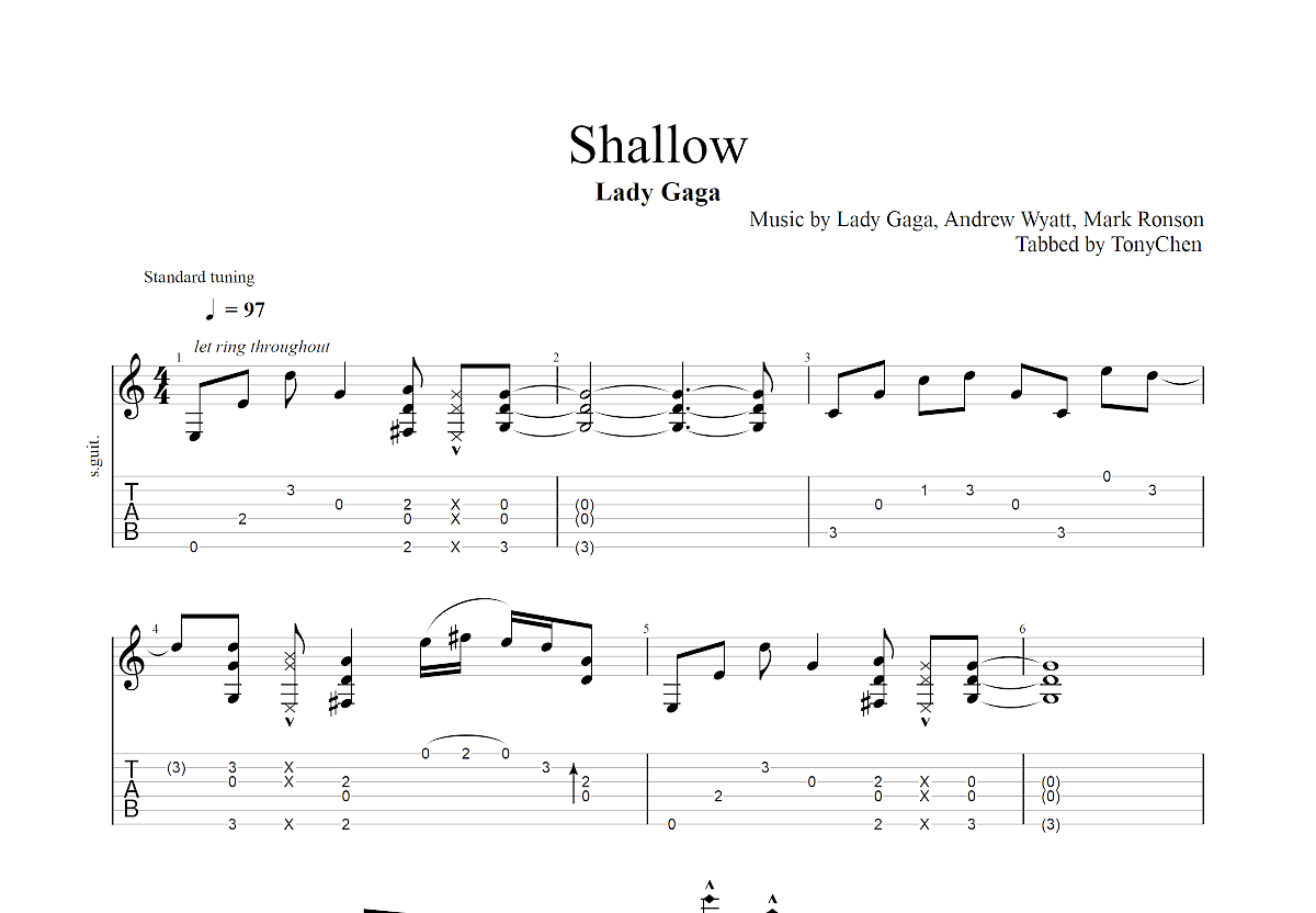 SHALLOW吉他谱-LADY GAGA-G调原版弹唱谱-附PDF下载-看谱啦