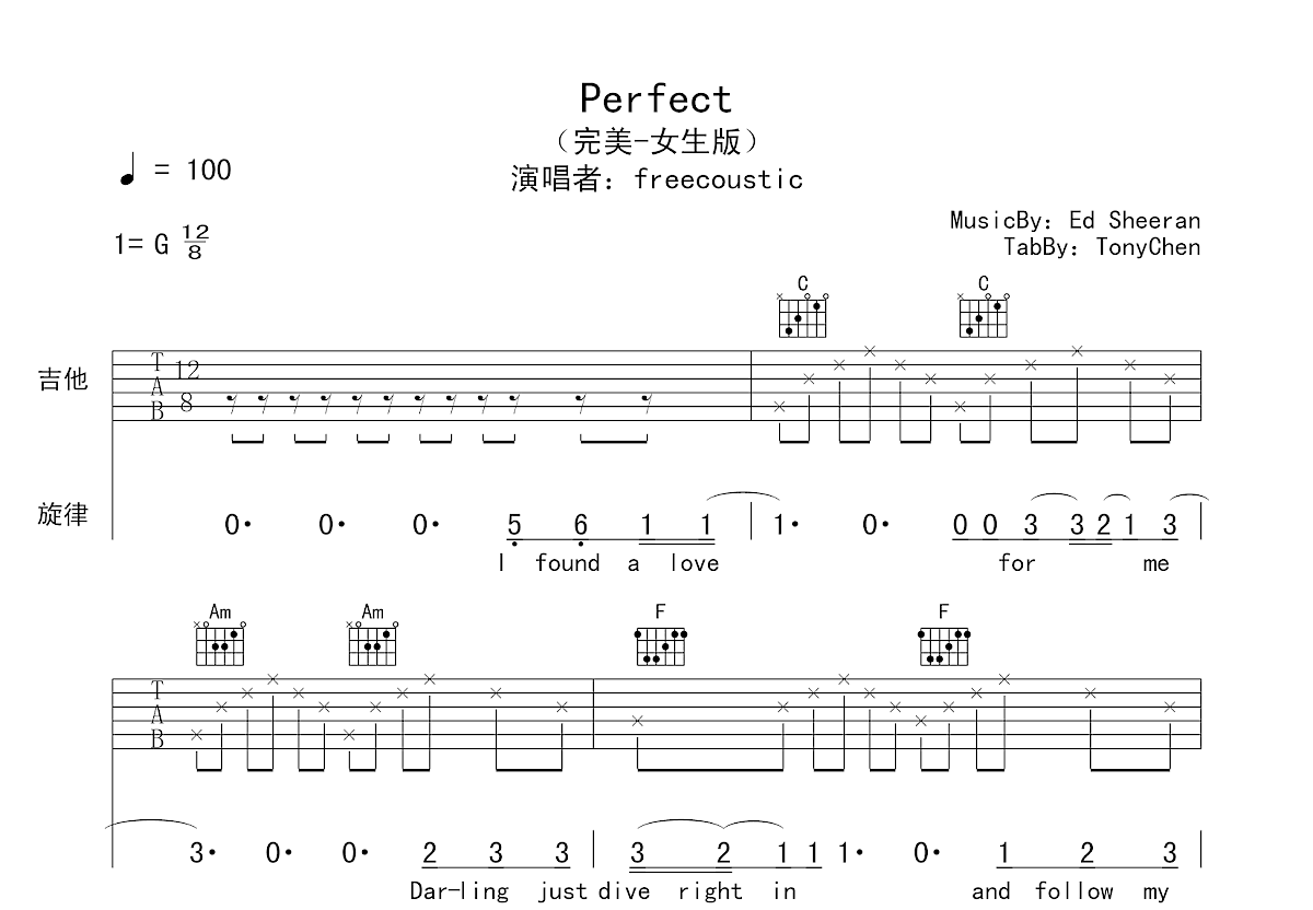Perfect吉他谱 - Ed Sheeran - C调吉他弹唱谱 - 琴谱网