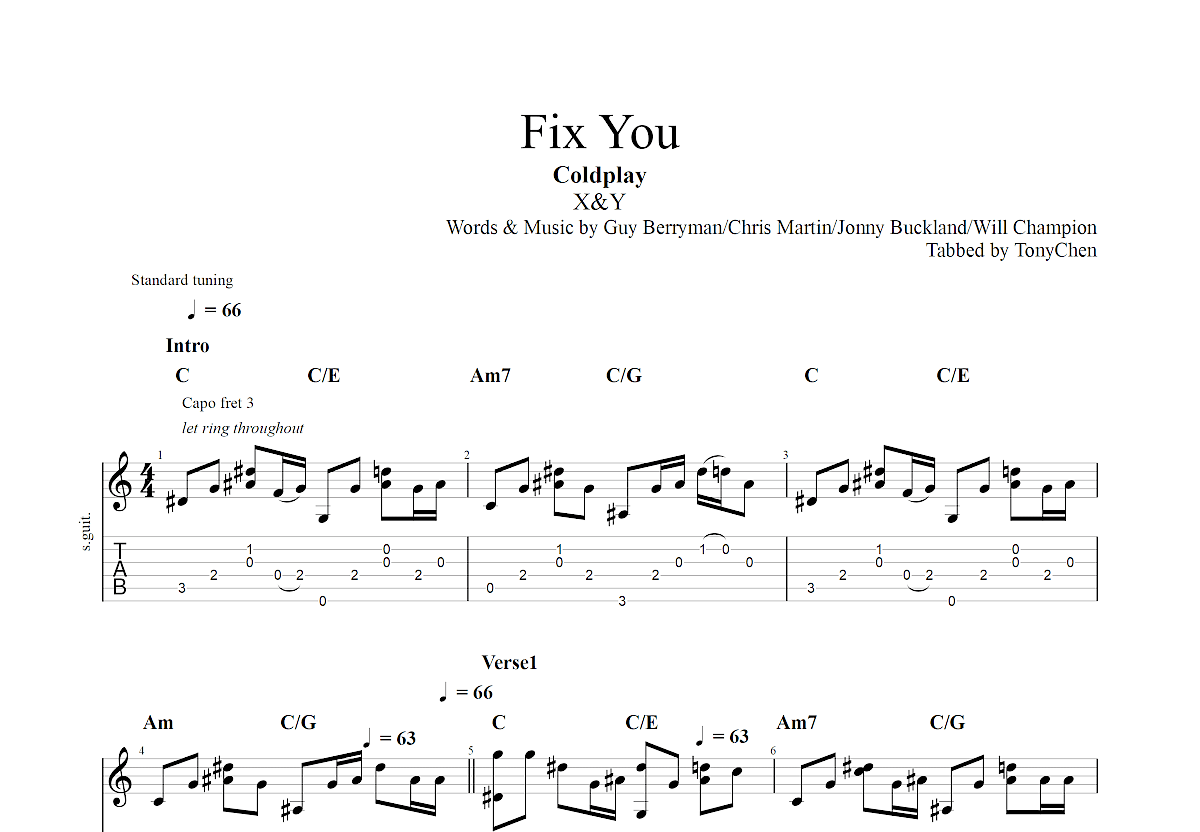 Fix You吉他谱_Coldplay_C调原版六线谱_吉他弹唱教学 - 酷琴谱