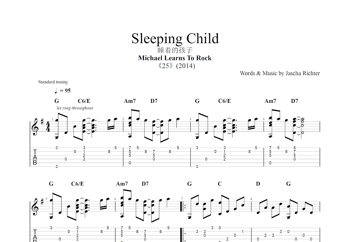 Sleeping Child吉他谱_Michael Learns To Rock_G调指弹 吉他世界