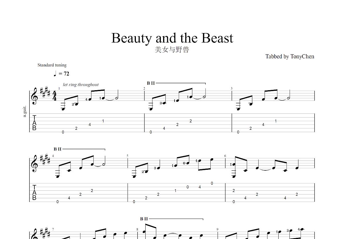 Beauty And The Beast by Alan Menken & Howard Ashman - Solo Guitar ...