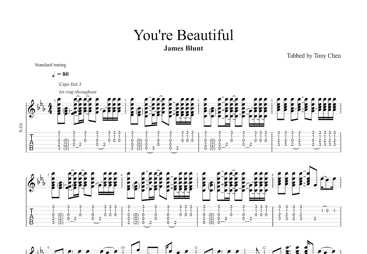 You're Beautiful吉他谱 - James Blunt - C调吉他弹唱谱 - 双吉他版 - 琴谱网