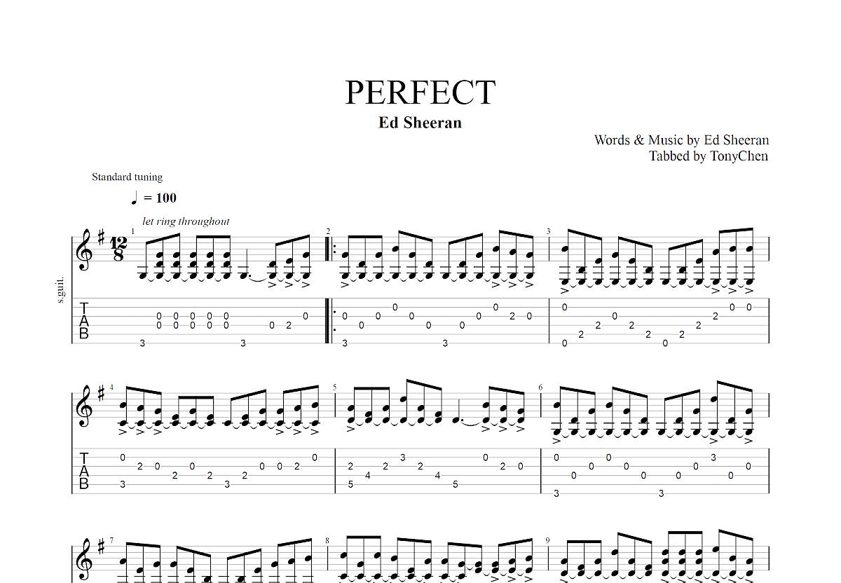 《Perfect》吉他谱-Ed Sheeran-G调弹唱六线谱-高清图片谱-吉他源
