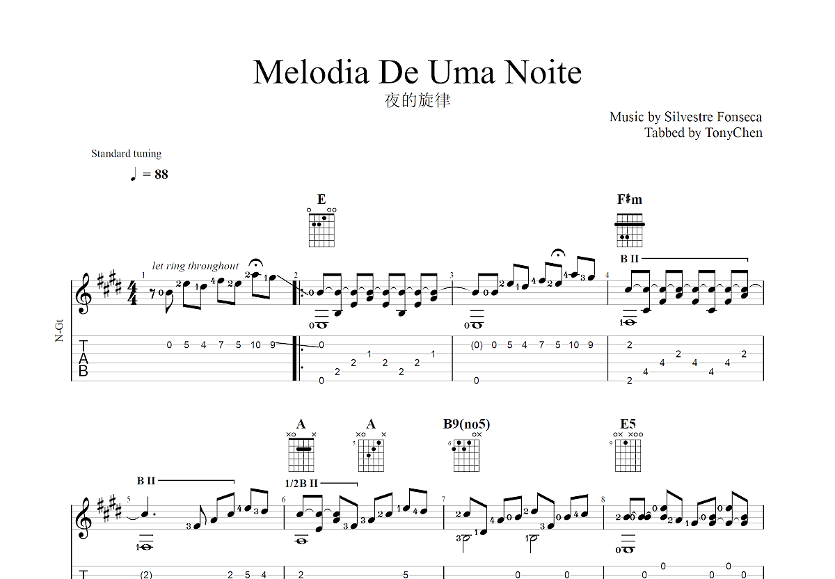 夜的旋律吉他谱_silvestre fonseca_e调古典 - 吉他世界