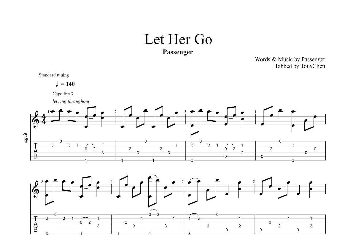 Let Her Go吉他谱-指弹谱-c调-虫虫吉他