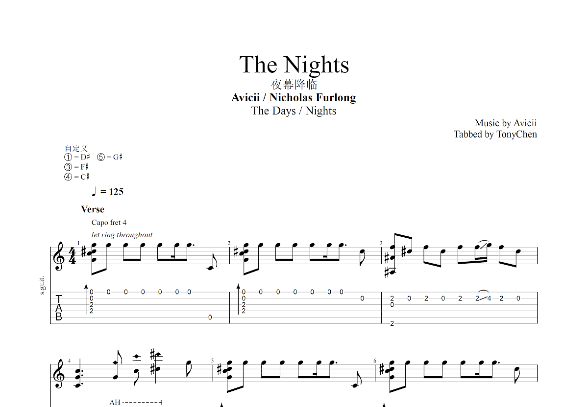 THE NIGHTS吉他谱-AVICII-G调弹唱六线谱-附PDF下载-吉他控