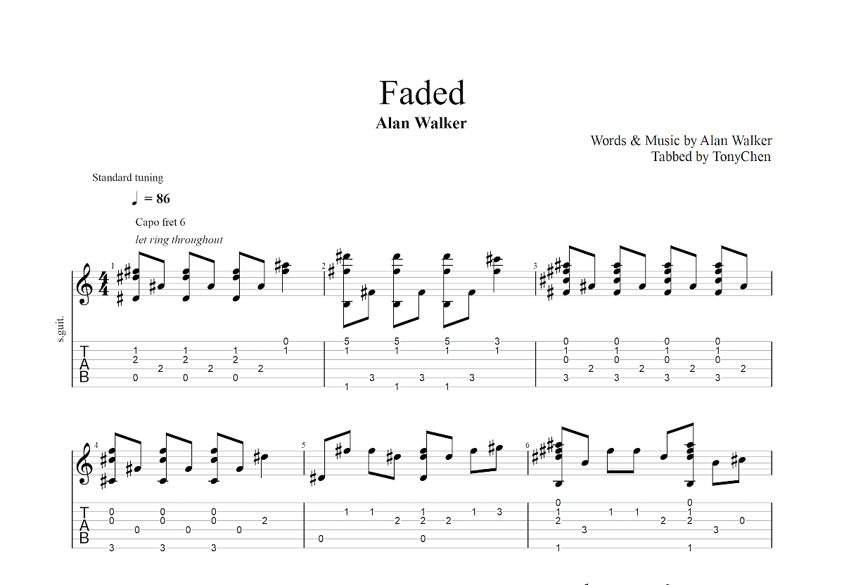 faded曲谱图片