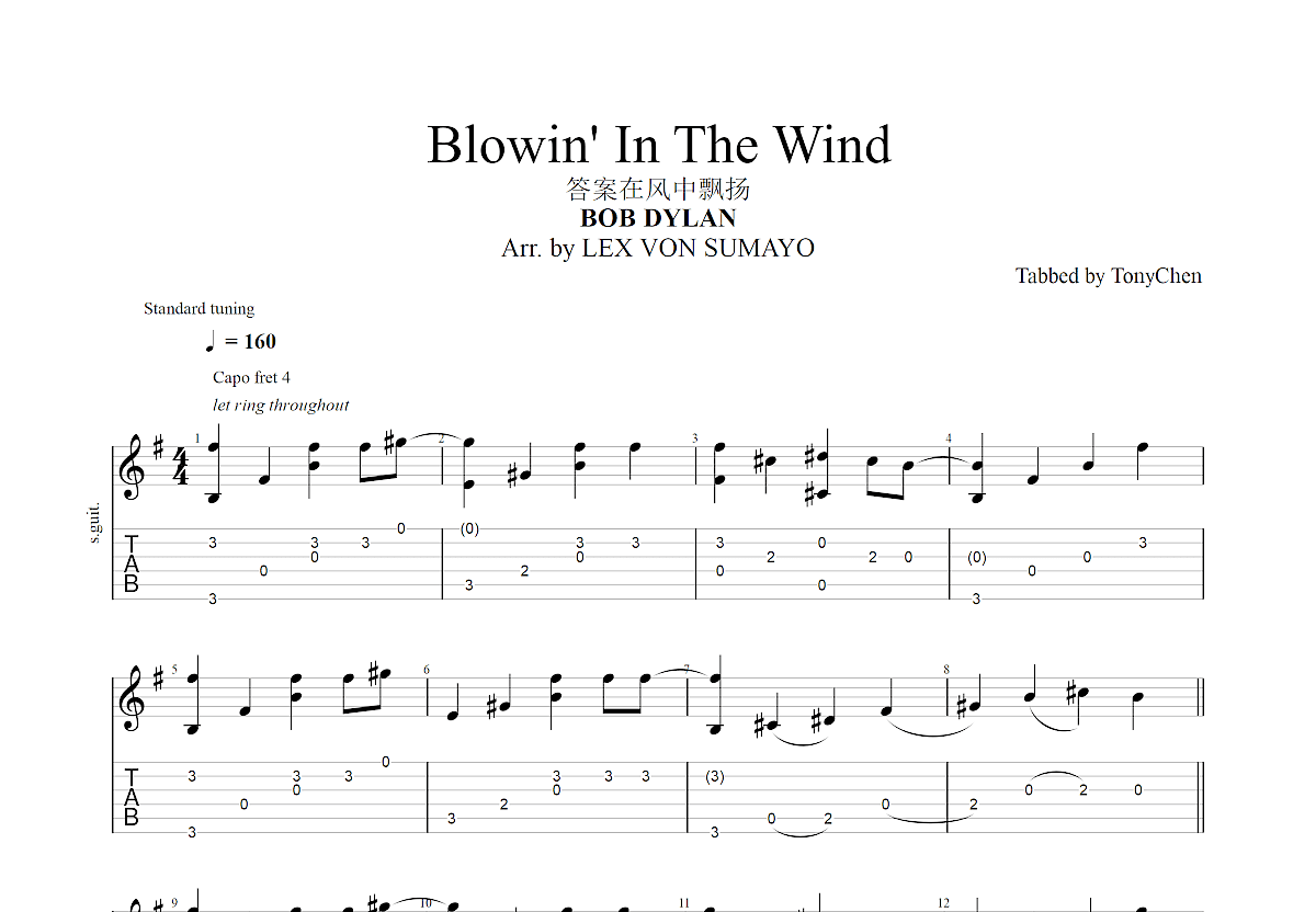 《Blowing In The Wind》吉他谱c调扫弦版 - 欧美经典经典吉他谱 - 国语版六线谱 - 易谱库