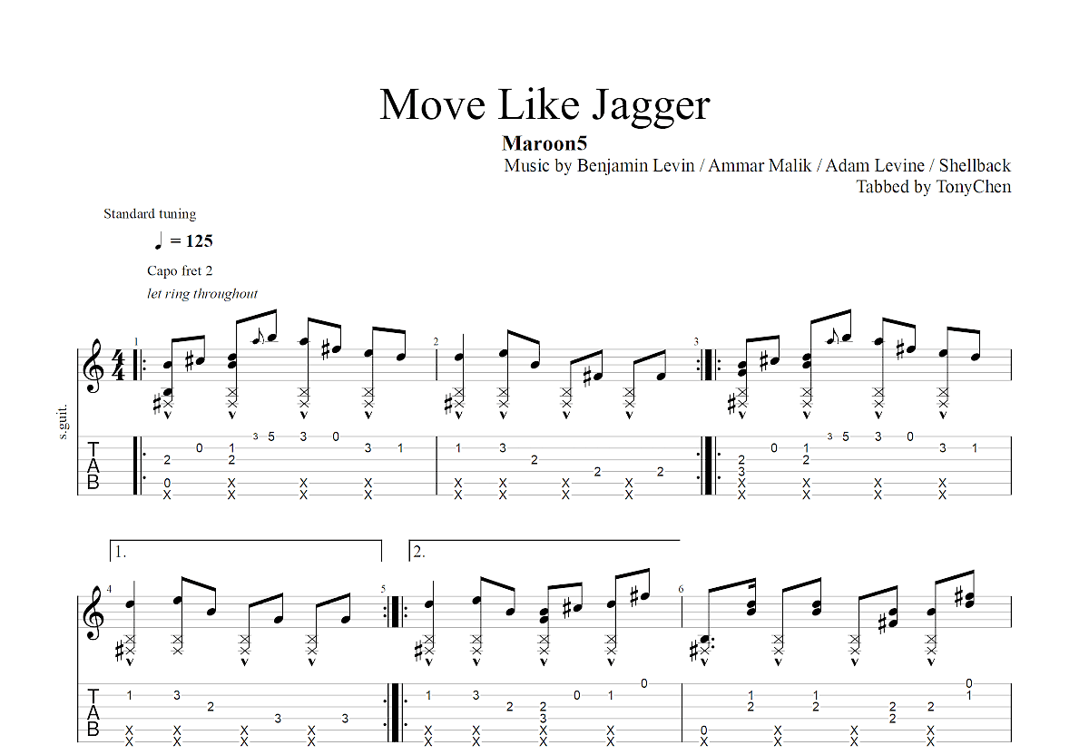 Move Like Jagger吉他谱_Maroon5_C调指弹- 吉他世界
