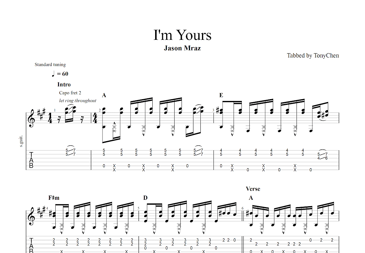 I'm Yours - Jason Mraz - 吉他谱(垂耳吉他编配) - 嗨吉他