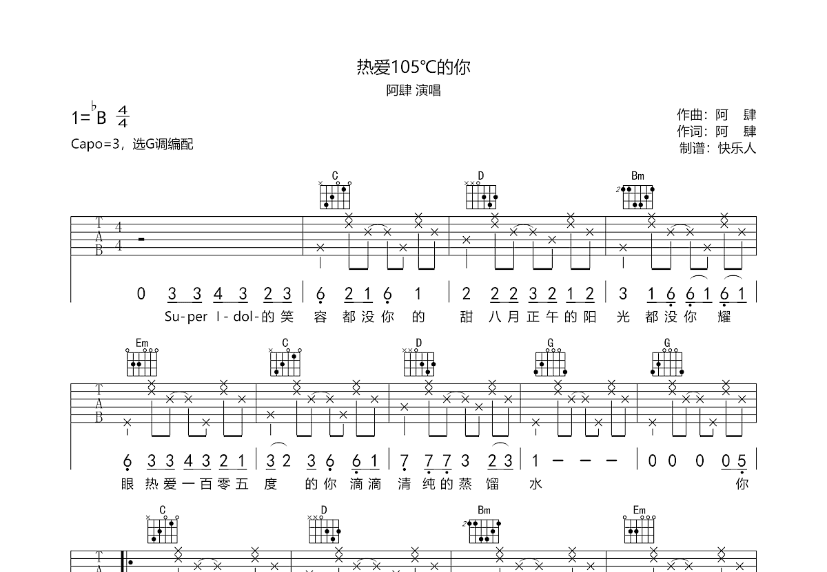 热爱105℃的你数字谱图片