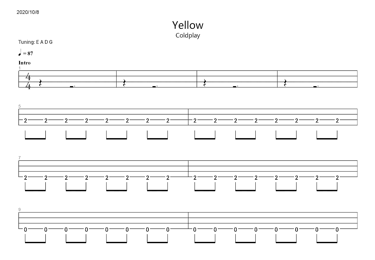 Yellow吉他谱_coldplay_B调总谱 - 吉他世界