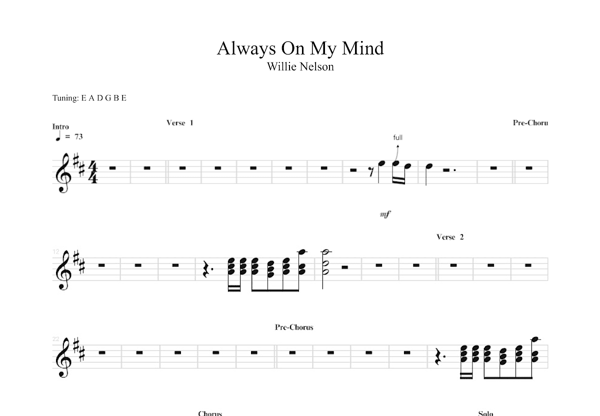 Always On My Mind Sheet Music | Willie Nelson | Solo Guitar