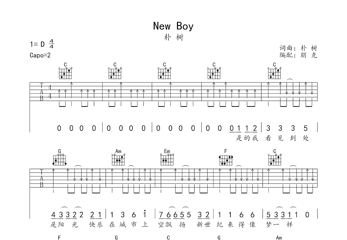 New Boy-朴树完美弹唱吉他谱 - 曲谱网