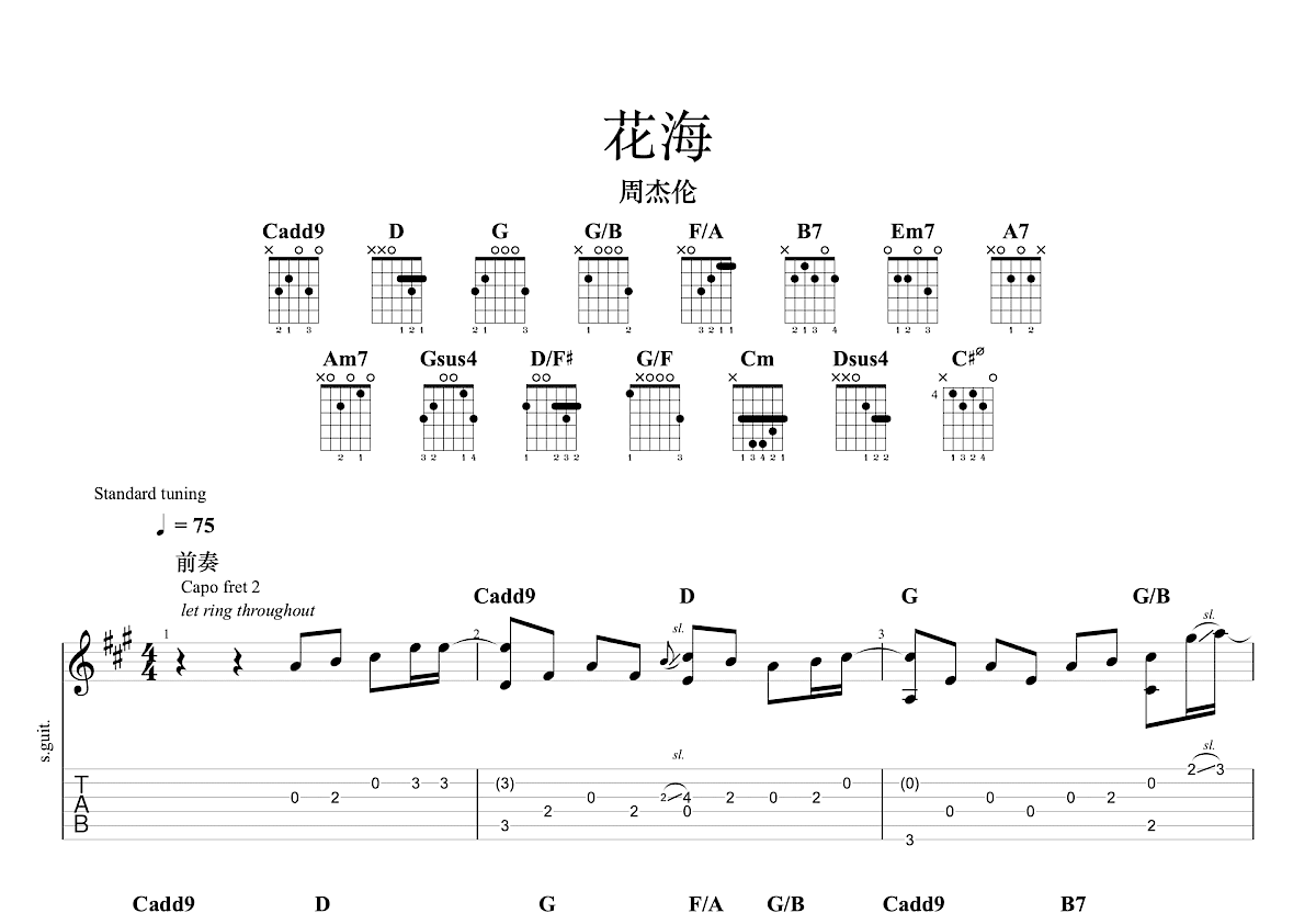 花海吉他谱_周杰伦g调指弹_m君up 吉他世界